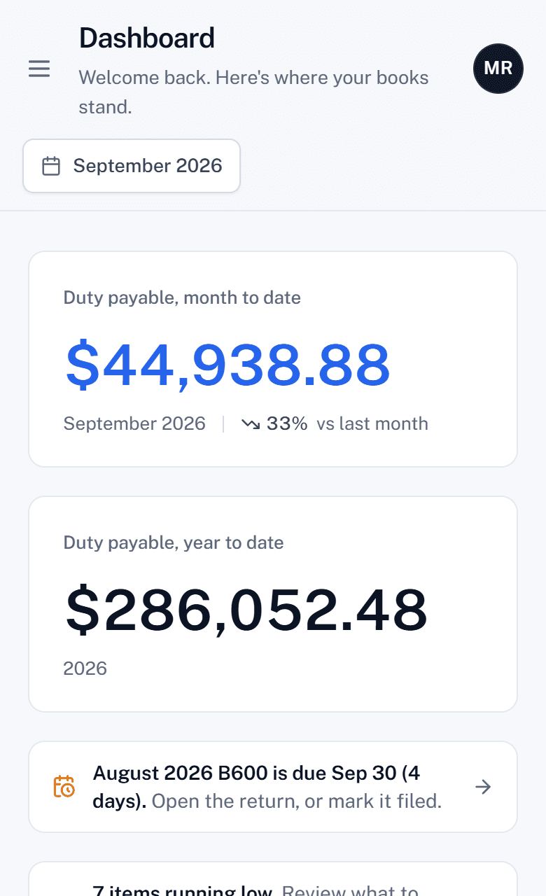 The Excivy dashboard: duty payable month to date and year to date, filing reminders, and inventory and volume totals.